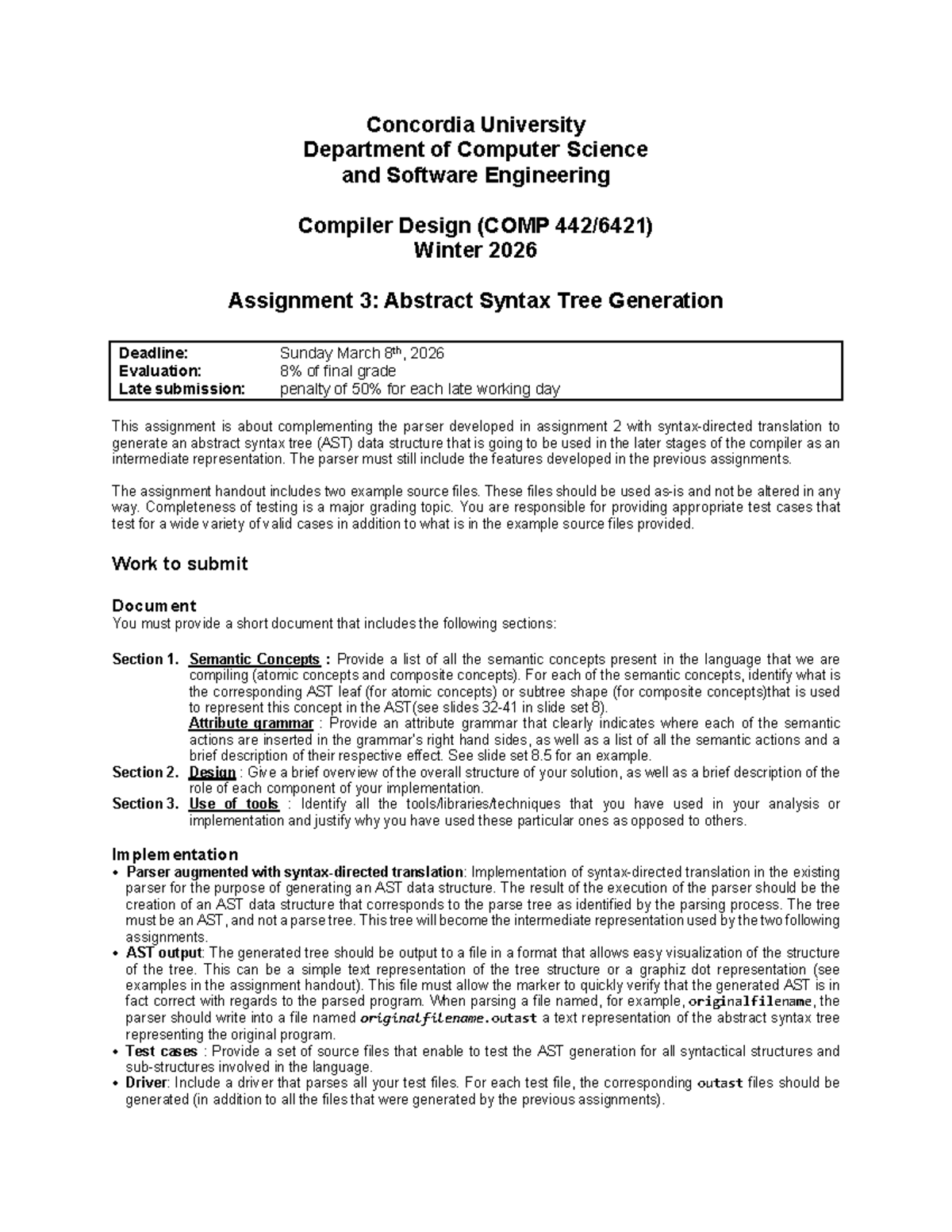 COMP Winter 2026 Assignment 3: AST Generation for Compiler Design - Studocu