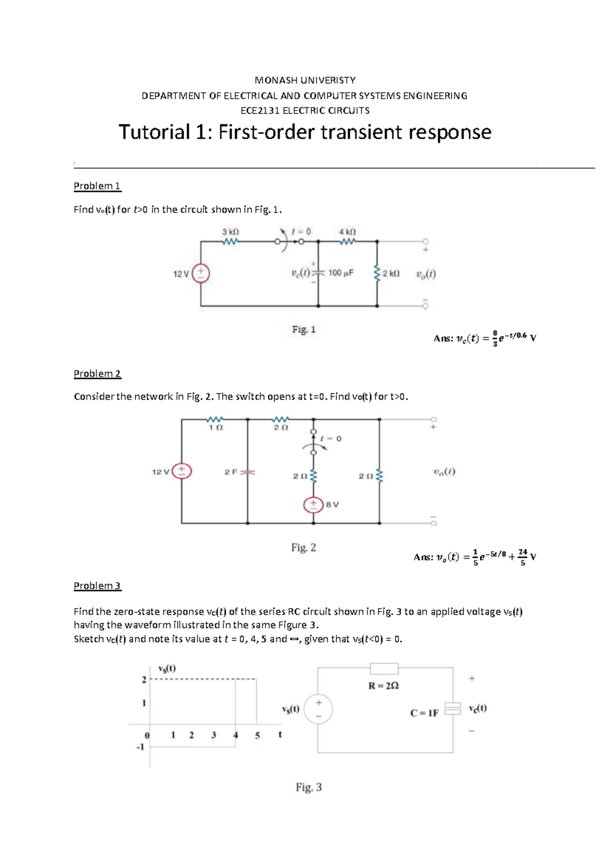 ECE2131 - Tutorial 1 (Week 2) - Analyzing First-Order Transient ...