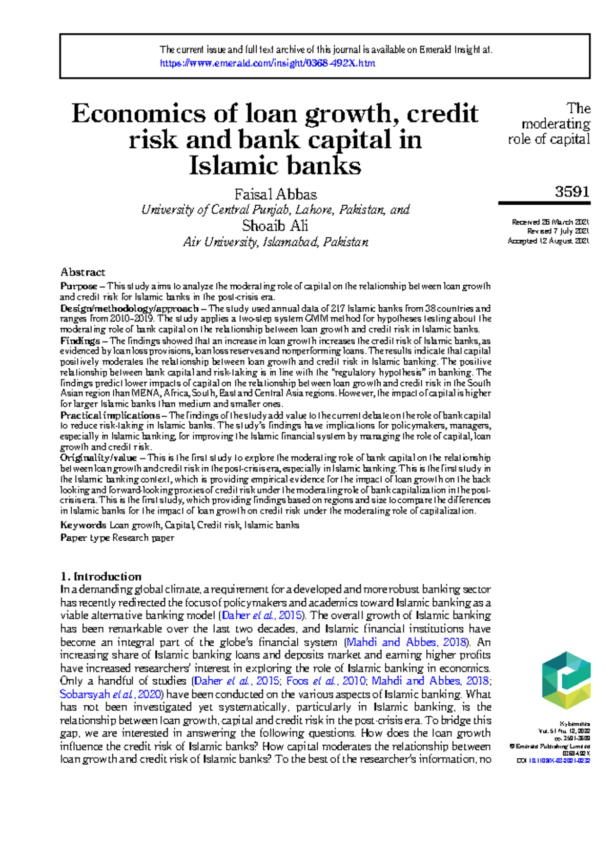 Loan Growth, Credit Risk, and Capital Moderation in Islamic Banks: A ...