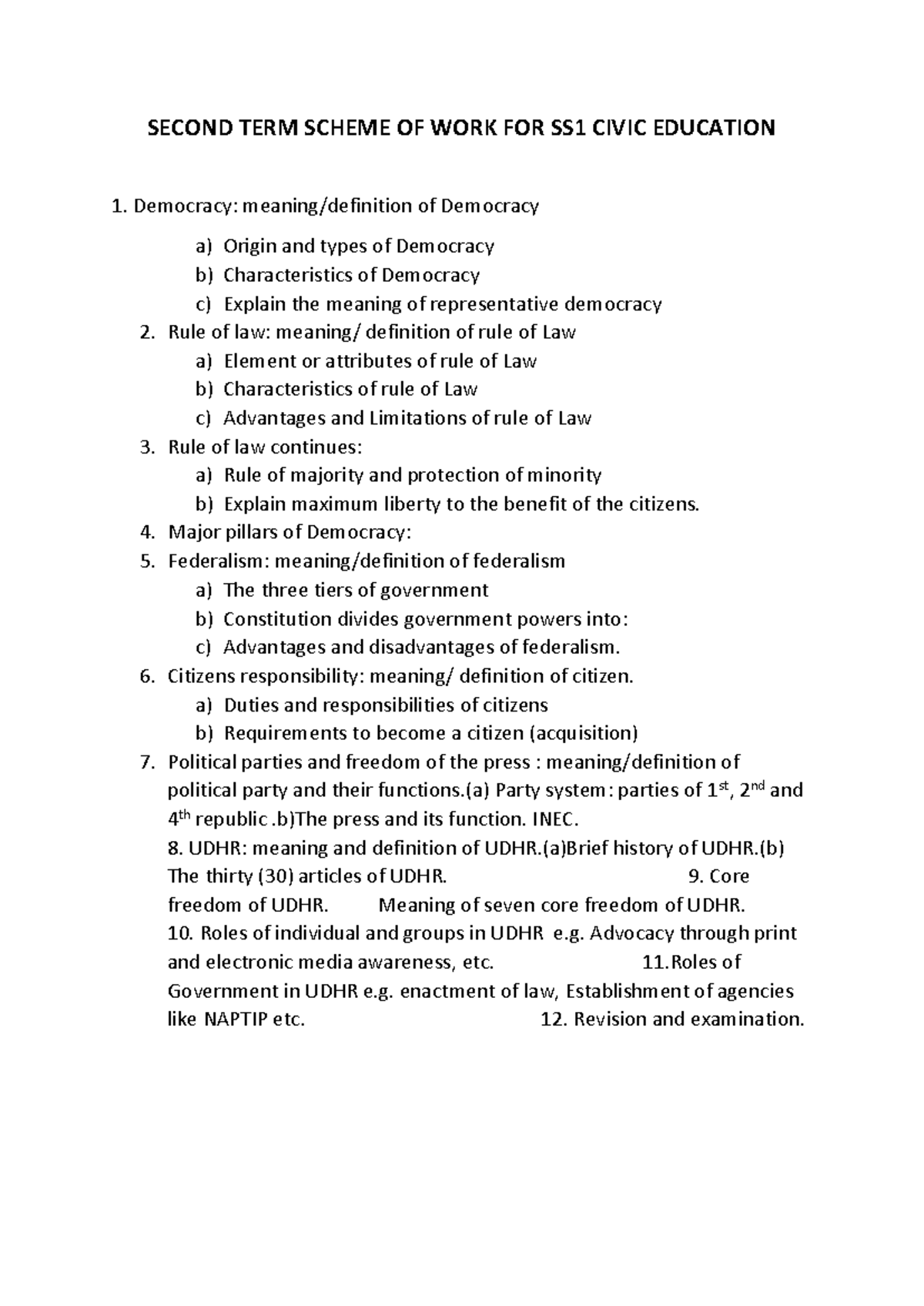 18791 Second TERM Scheme OF WORK FOR SS1 Civic Education - SECOND TERM ...