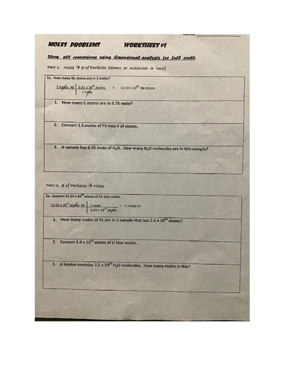 Moles Problems Worksheet (SA) - Dimensional Analysis Guide - Studocu