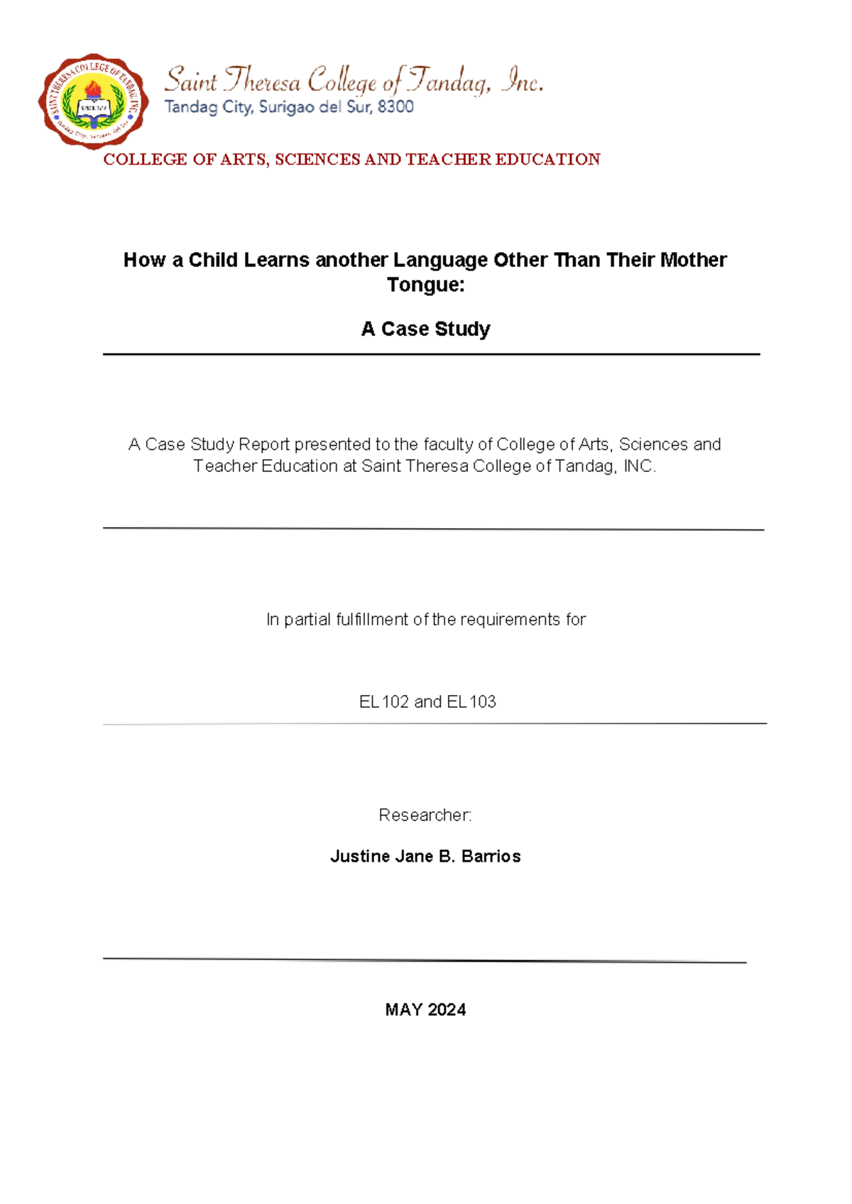 Case Study on Language Learning in Filipino Children - EL102 - Studocu
