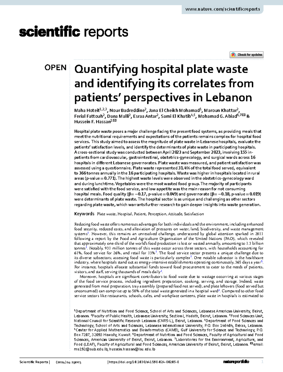 Plate waste study lebanon - Quantifying hospital plate waste and ...