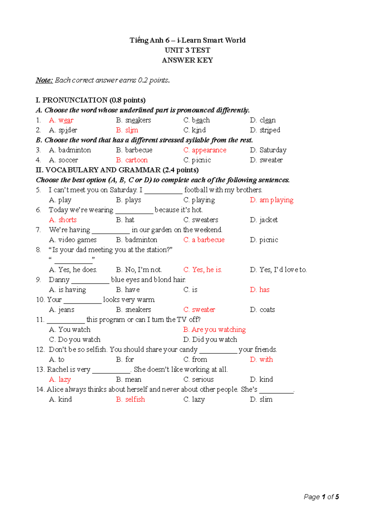 Tiếng Anh 6 - i-Learn Smart World UNIT 3 Test Answer Key - Studocu