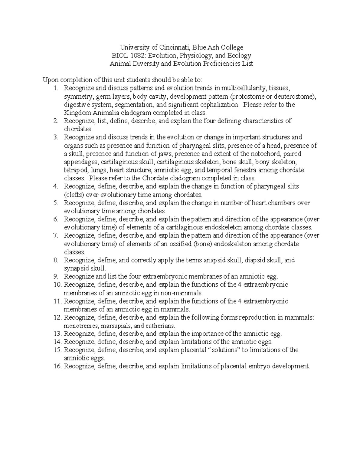 BIOL 1082: Proficiencies in Animal Diversity and Evolution - Summer ...