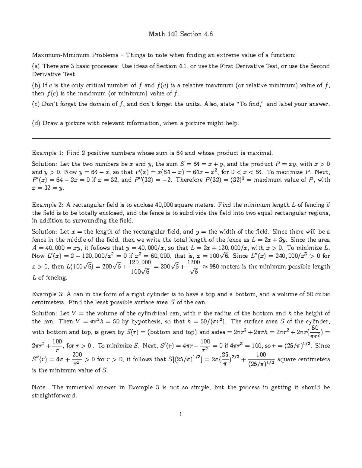 M140 S4 - Denny Gulick practice problems - Math 140 Section 4. Maximum ...