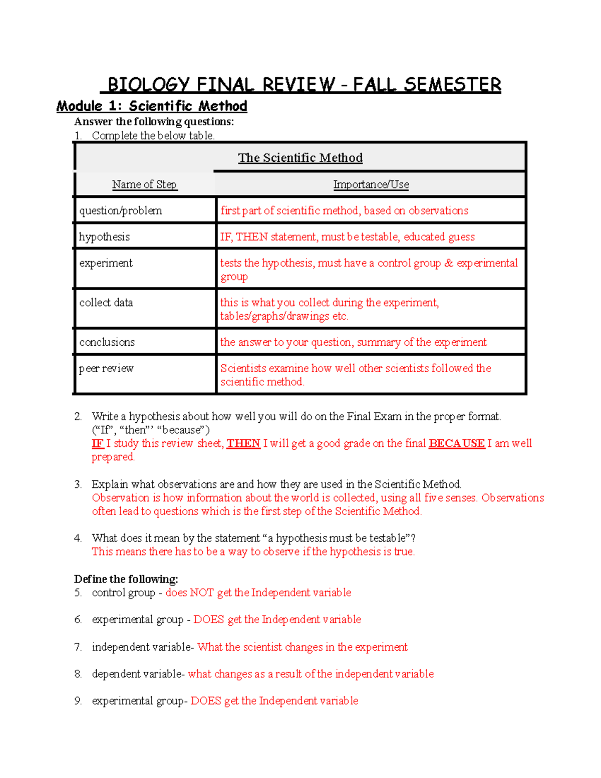 Biology Final Exam Review Notes - Fall Semester - BIOLOGY FINAL REVIEW ...