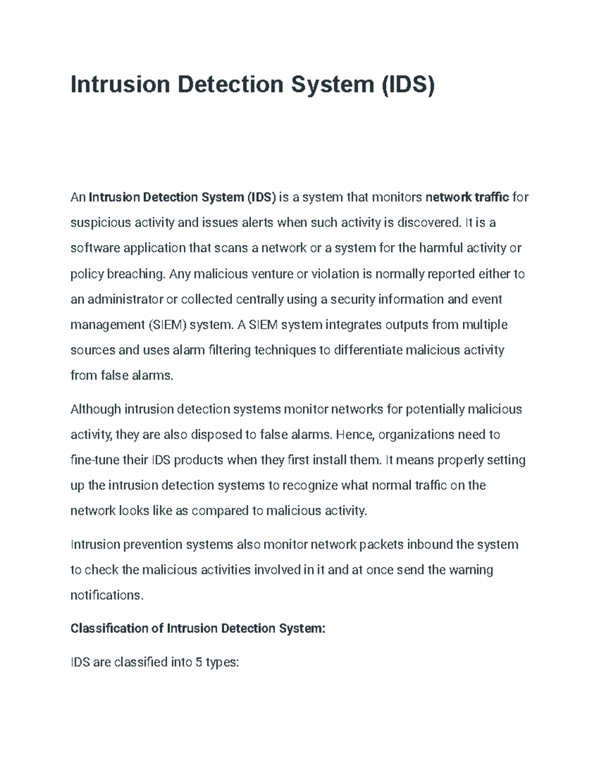 Intrusion Detection System (IDS) Overview and Classification - Studocu