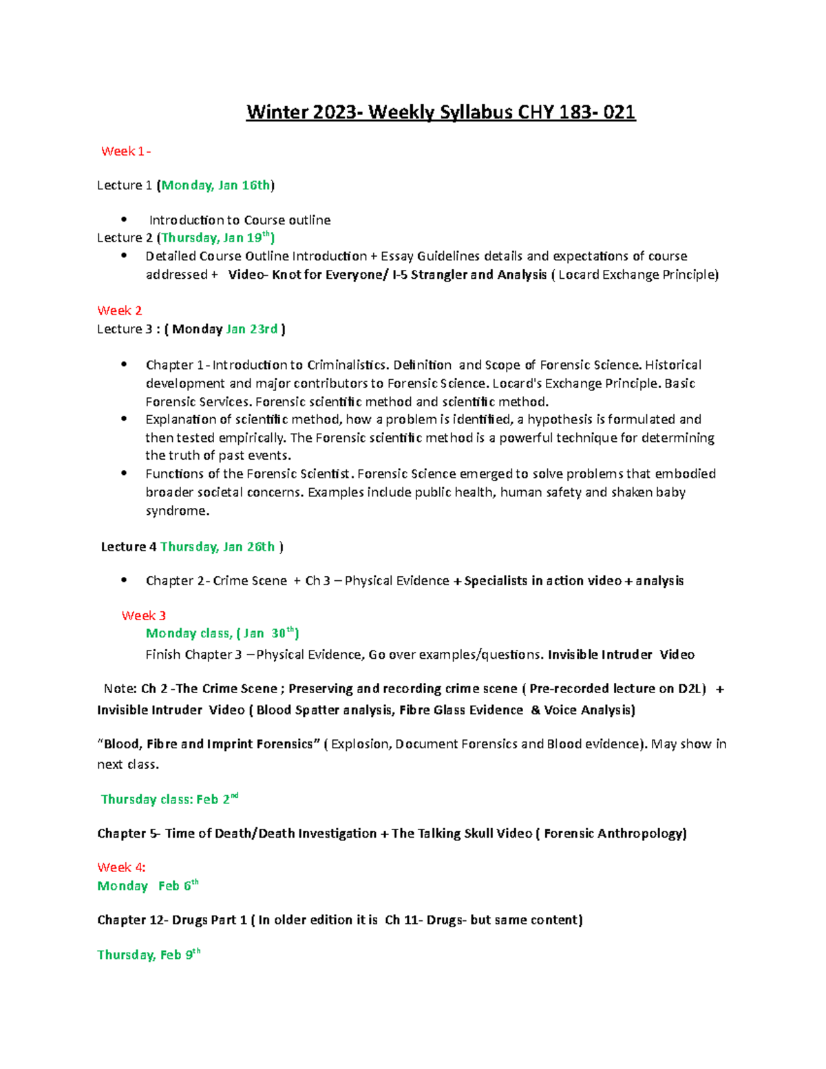 Weekly Syllabus for CHY 183 - Section 021 (Winter 2023) - Studocu