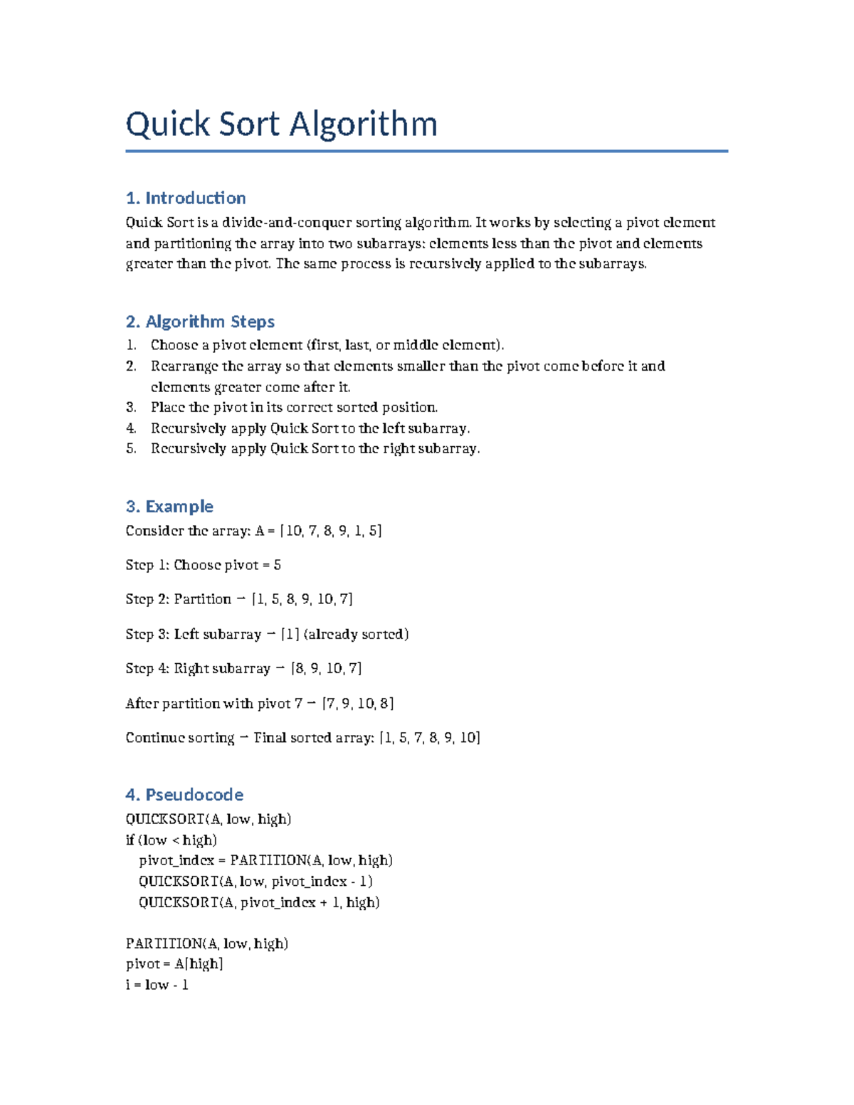 Quick Sort Algorithm Overview and Steps - Studocu