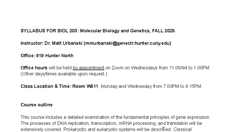BIOL 203 Syllabus - Fall 2025 - SYLLABUS FOR BIOL 203: Molecular ...