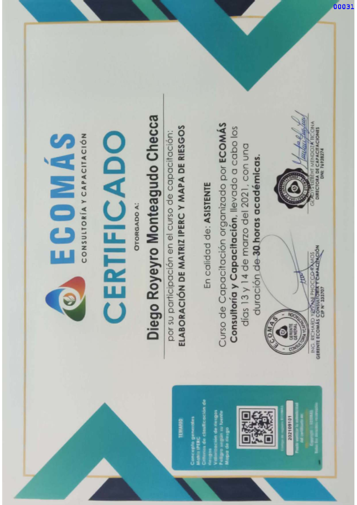 Certificado de Capacitación en Matriz IPERC y Mapa de Riesgos - ECOMÁS ...