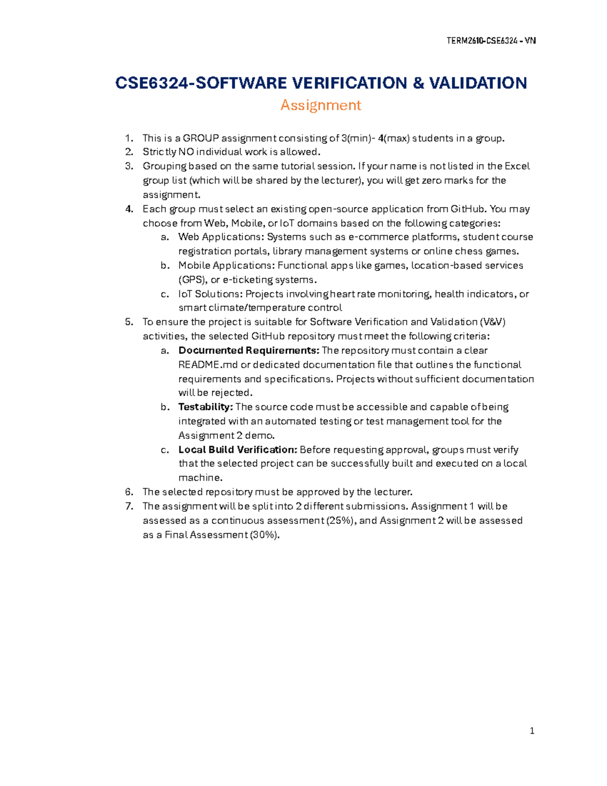 CSE6324 VN Verification & Validation Assignment 1 Guidelines - Studocu
