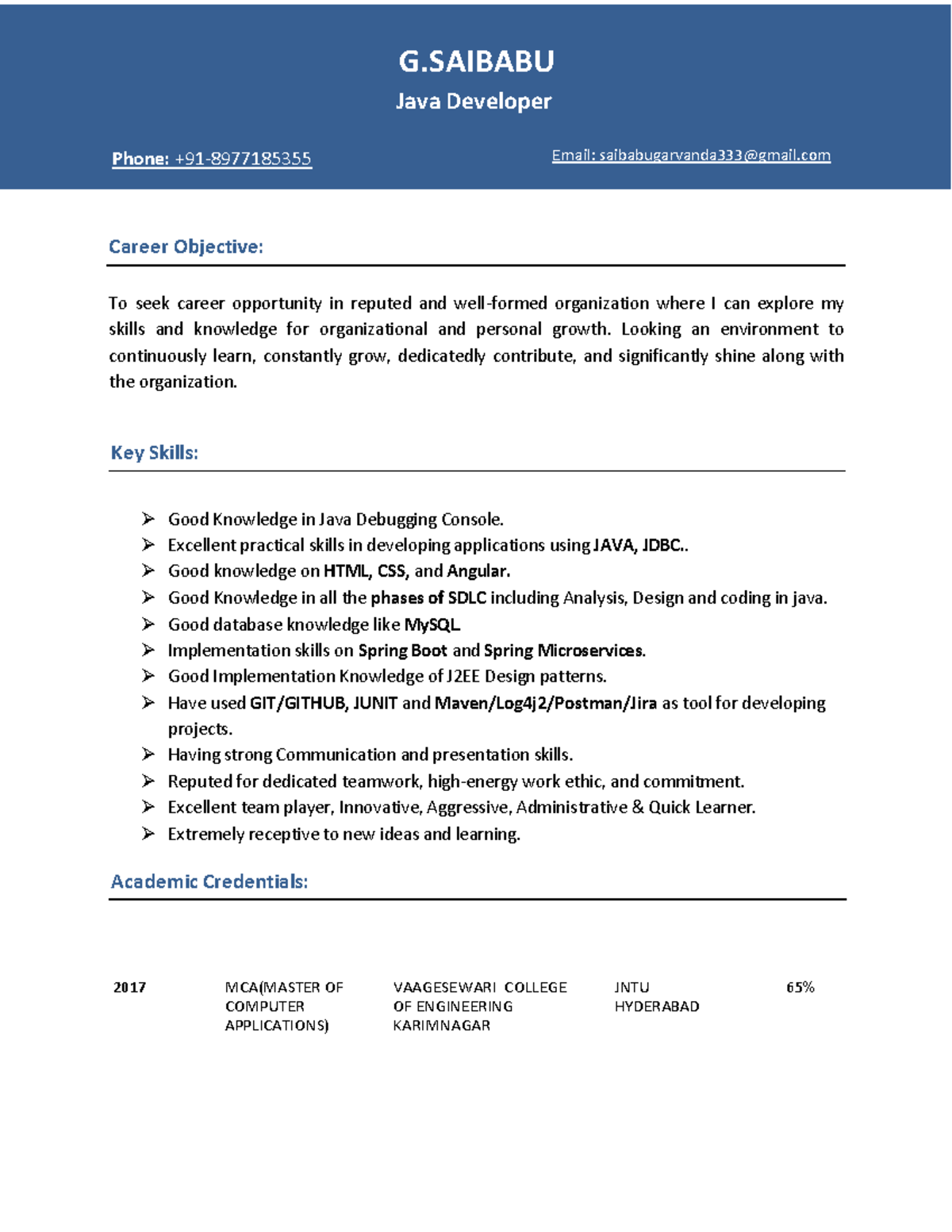 Fresher Resume I Want Preapare Java Interview Career Objective To 