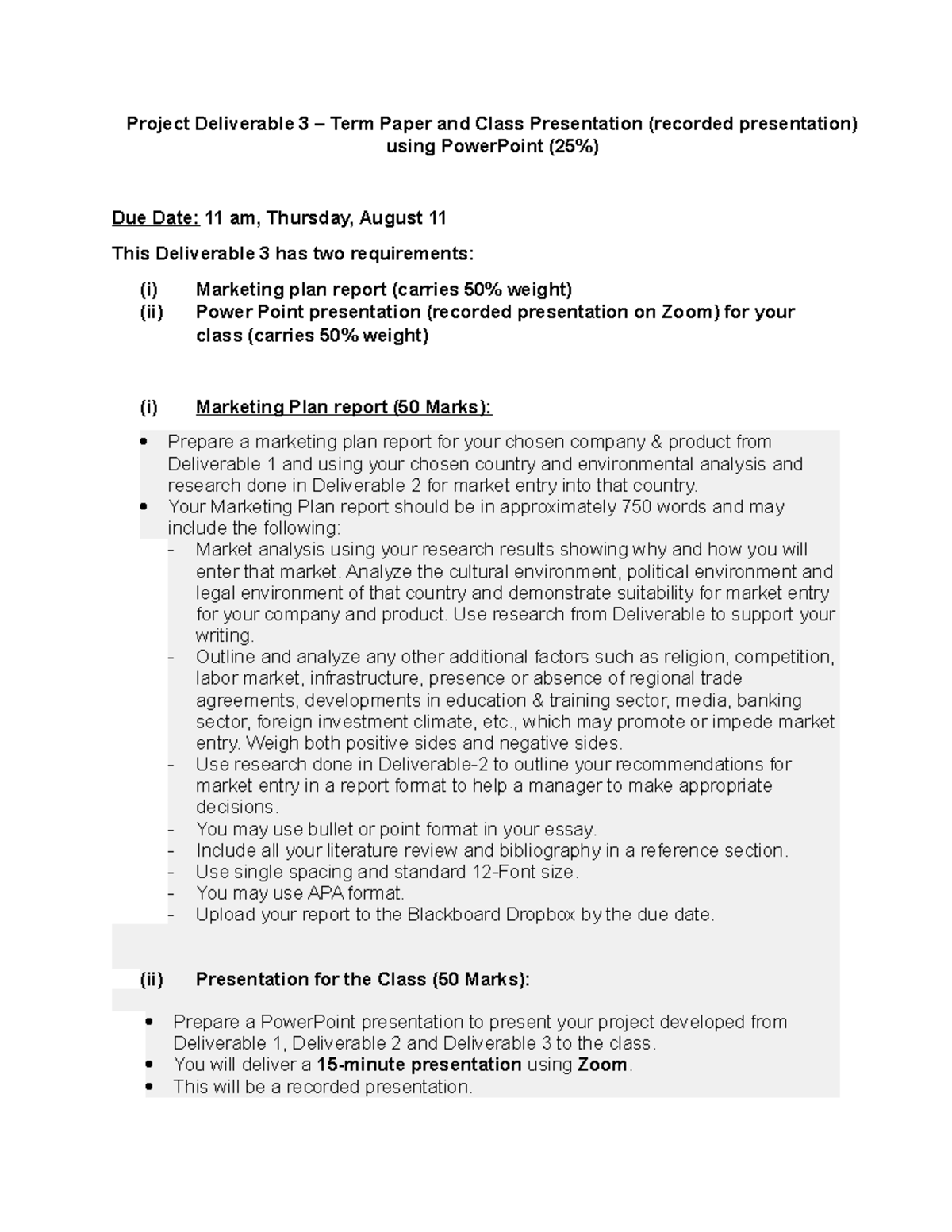 Deliverable 3 Guidelines: Marketing Plan & Class Presentation (25% ...