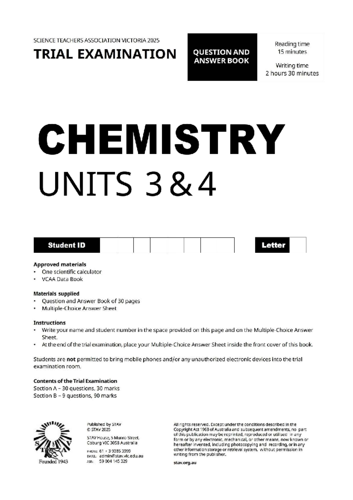 STAV 2025 Chemistry Units 3 & 4 Trial Examination Questions and Answers ...