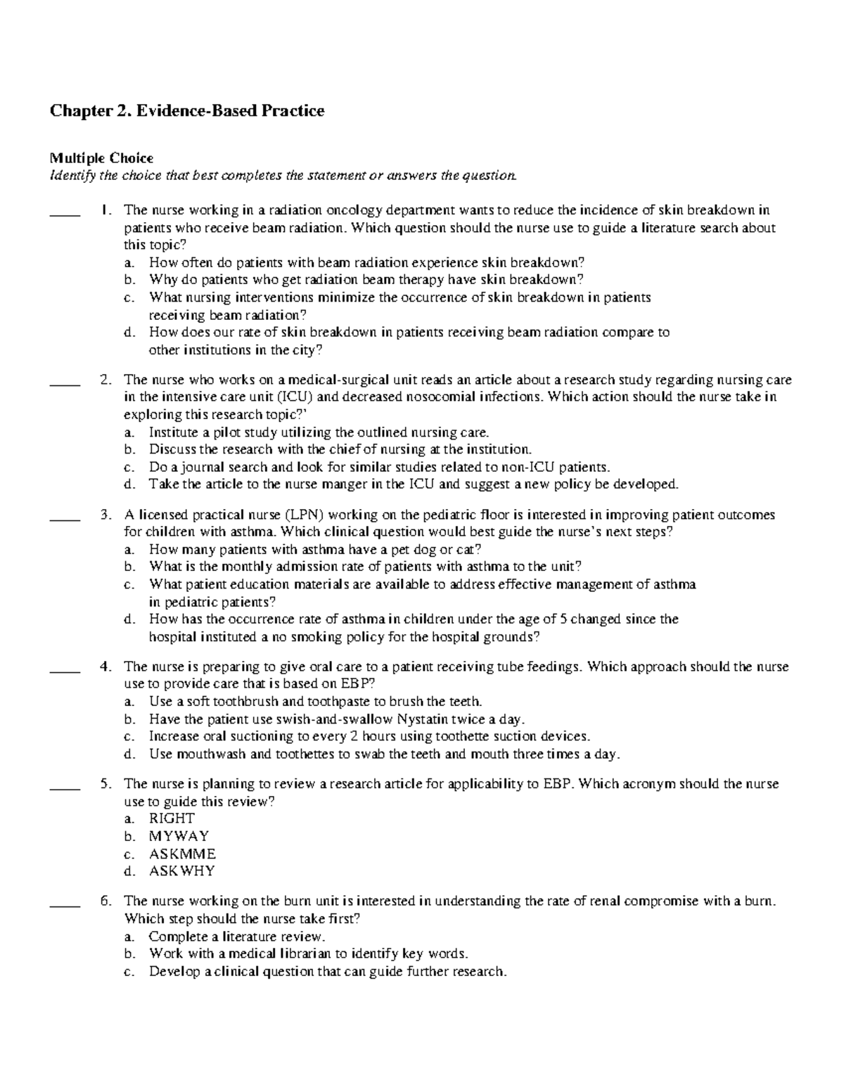 Ch02 - EBP Practice Questions and Answers for Nursing Care - Studocu