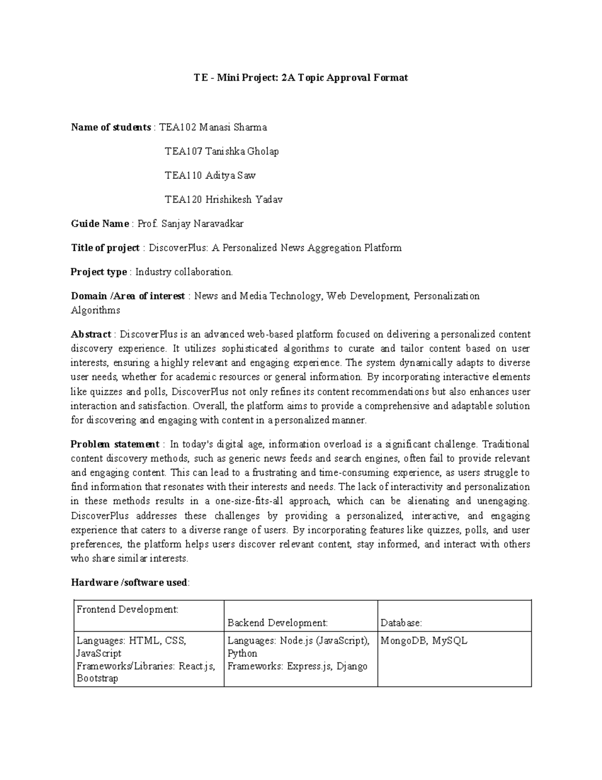 TE Mini project abstract format - TE - Mini Project: 2A Topic Approval ...