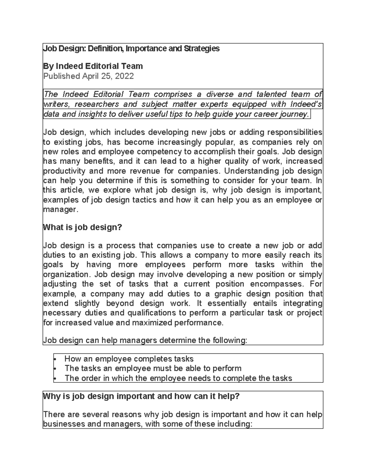 Job Design Strategies: Importance, Techniques & Examples - Studocu