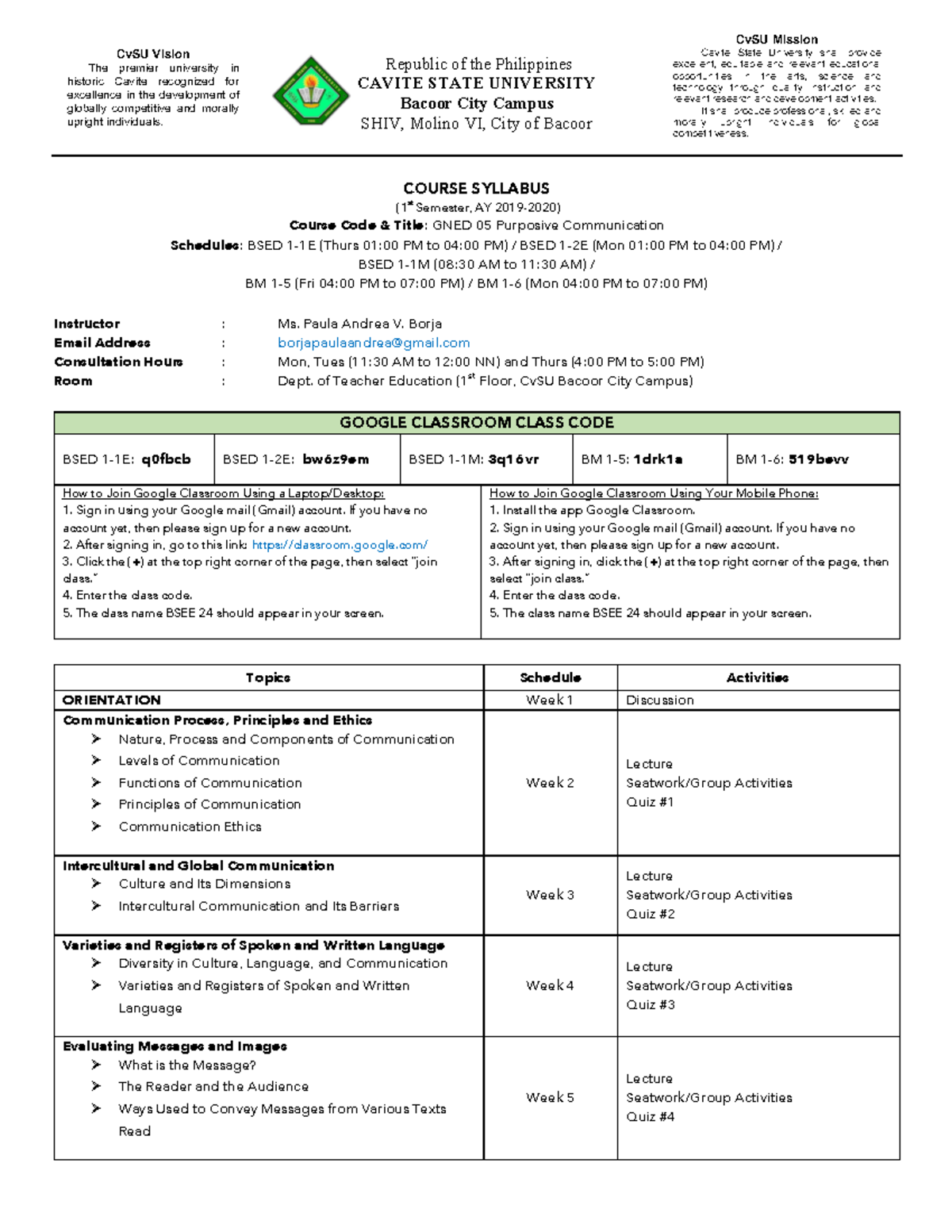 GNED 05 - Purposive Communication Course Syllabus (1st Sem AY 2019-2020 ...