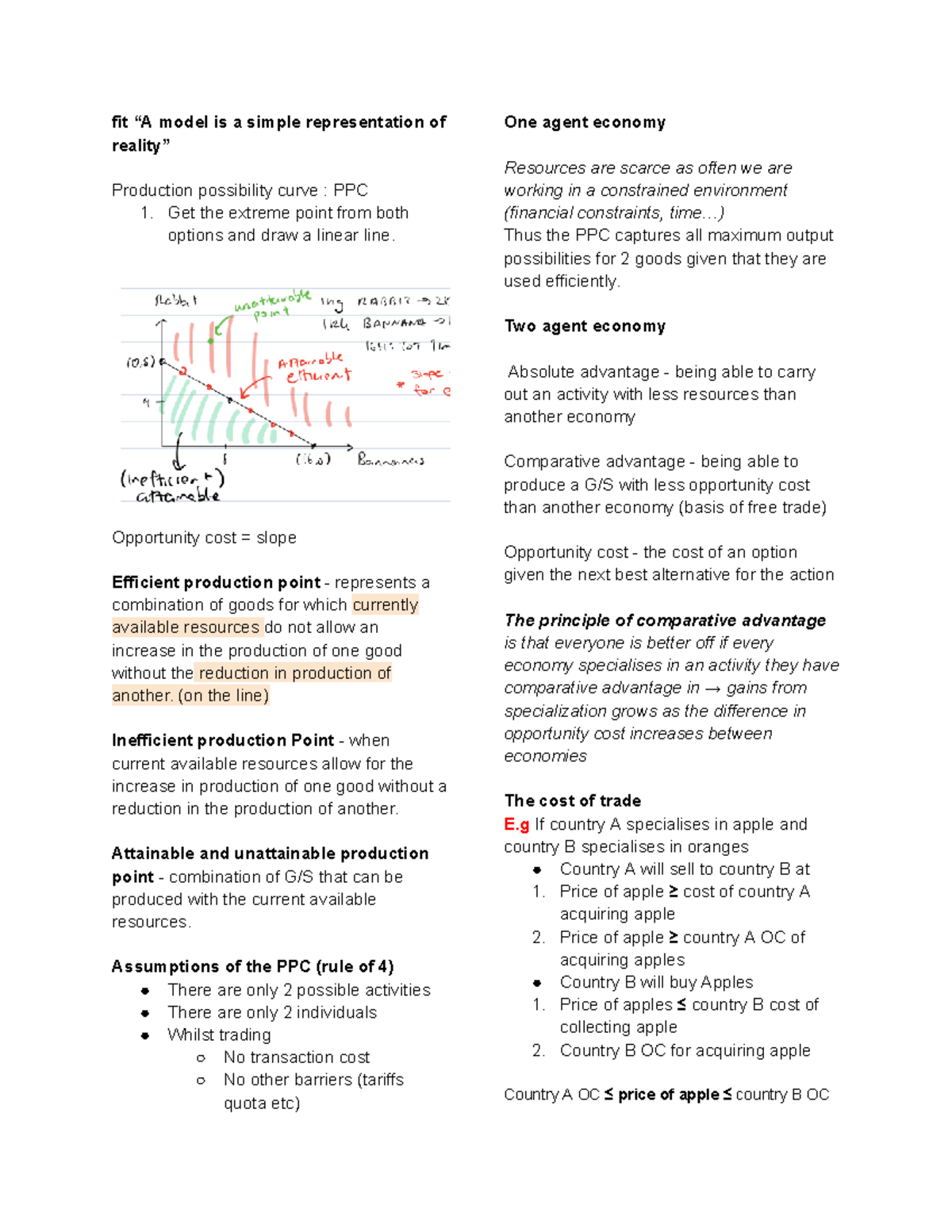 ECON1101 Final Exam Notes: Production Possibility Curve & Trade - Studocu