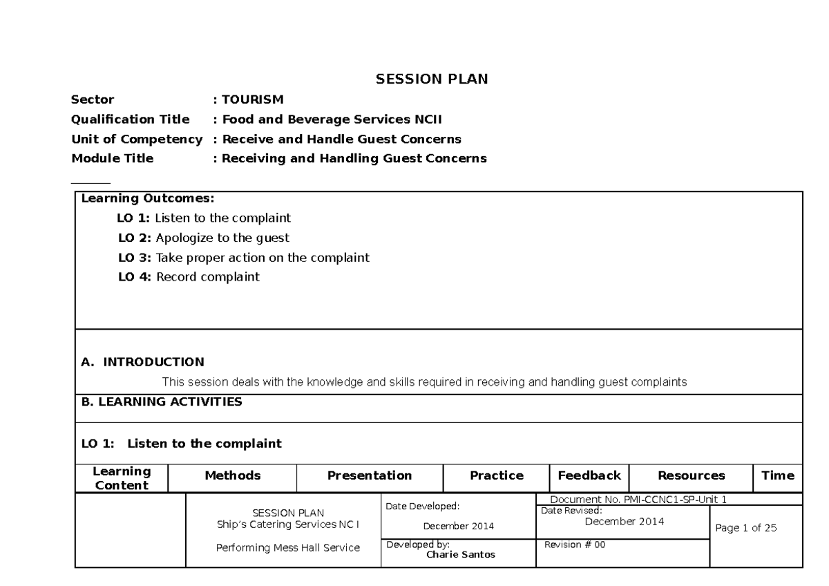 Session Plan for Handling Guest Complaints - Food & Beverage Services ...