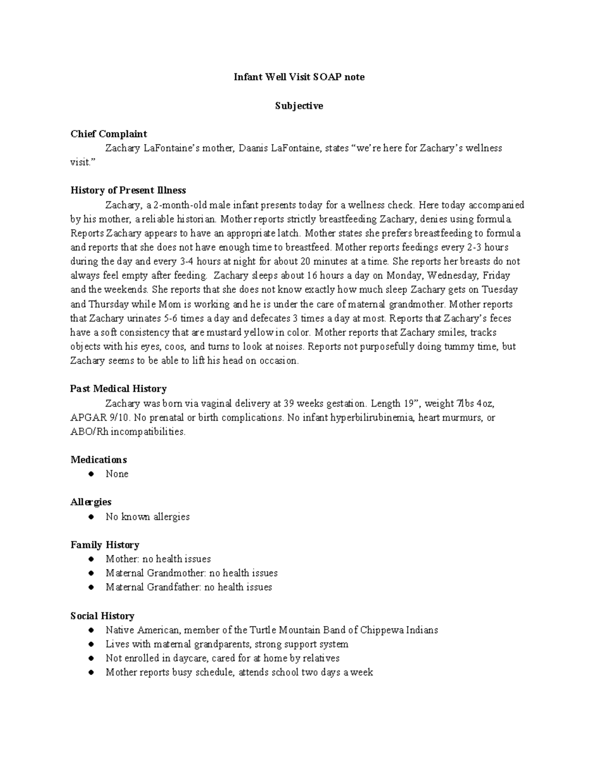 Infant Well Visit SOAP Note for Zachary - Wellness Check - Studocu