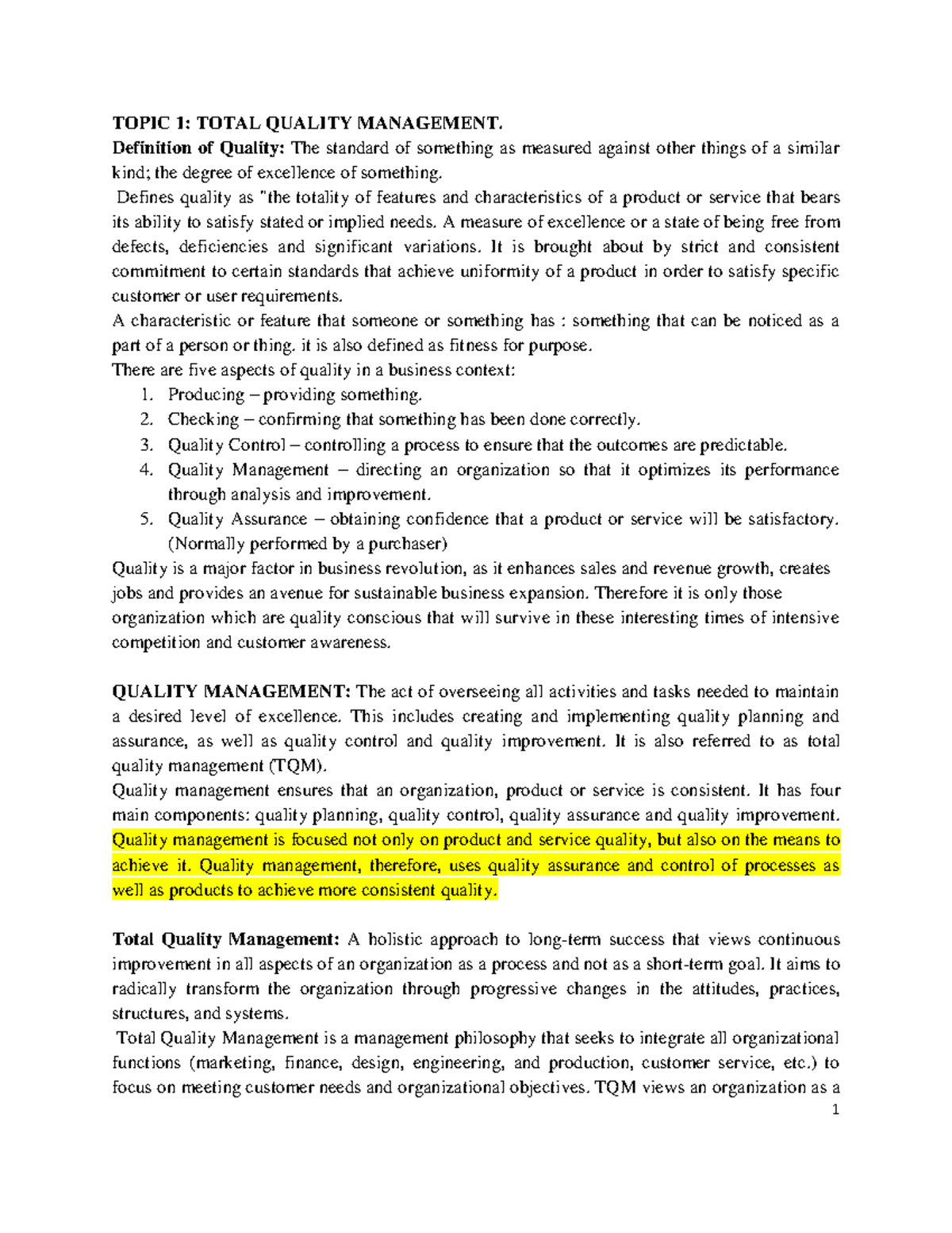 BBM 4214 Total Quality Management Lecture Notes - Part 1 Summary - Studocu