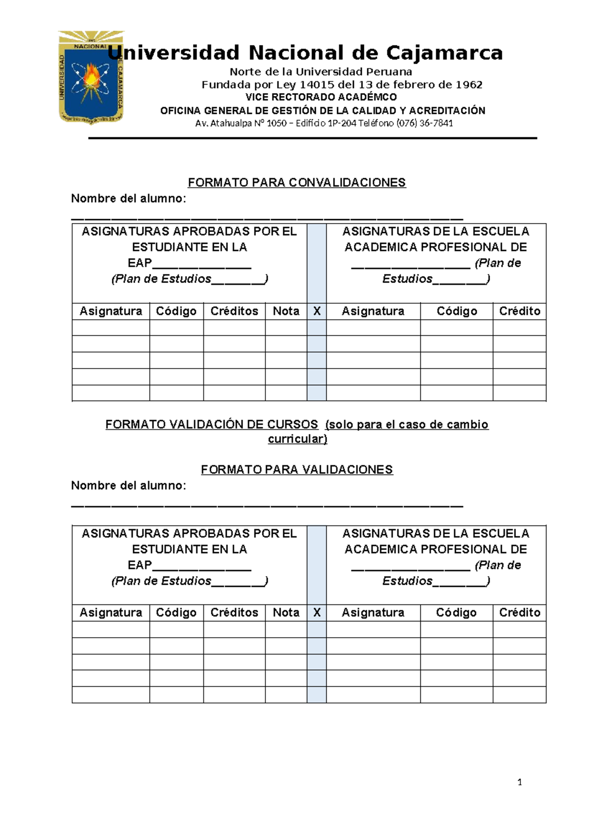 Formato para Convalidaciones y Validaciones de Cursos EAP - Studocu