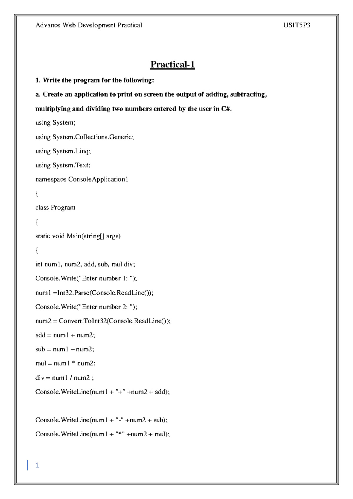 AWD DOCS - C# Practical Applications and Programs Notes - Studocu
