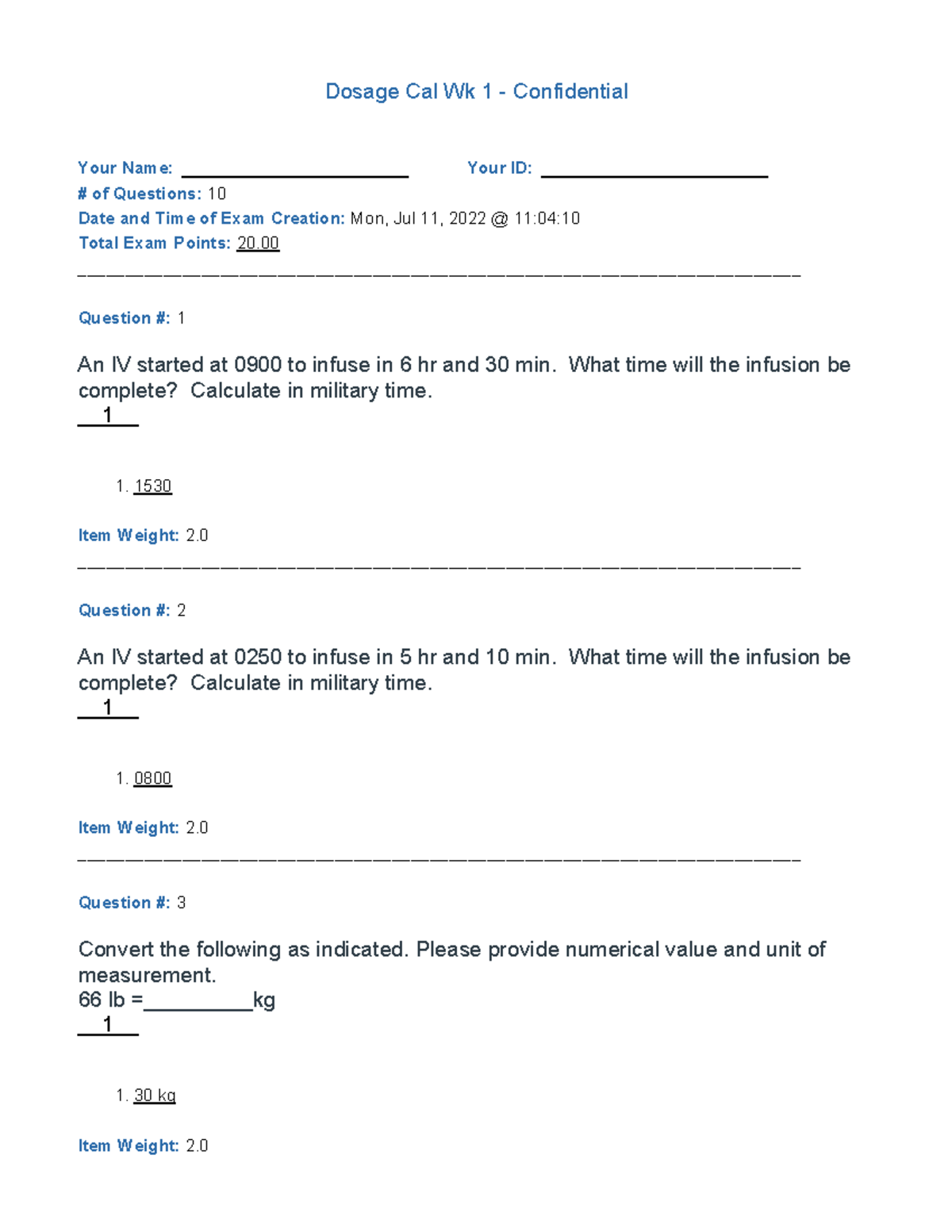 Dosage Calculation Quiz Wk 1 - Sample Questions for Exam - Studocu