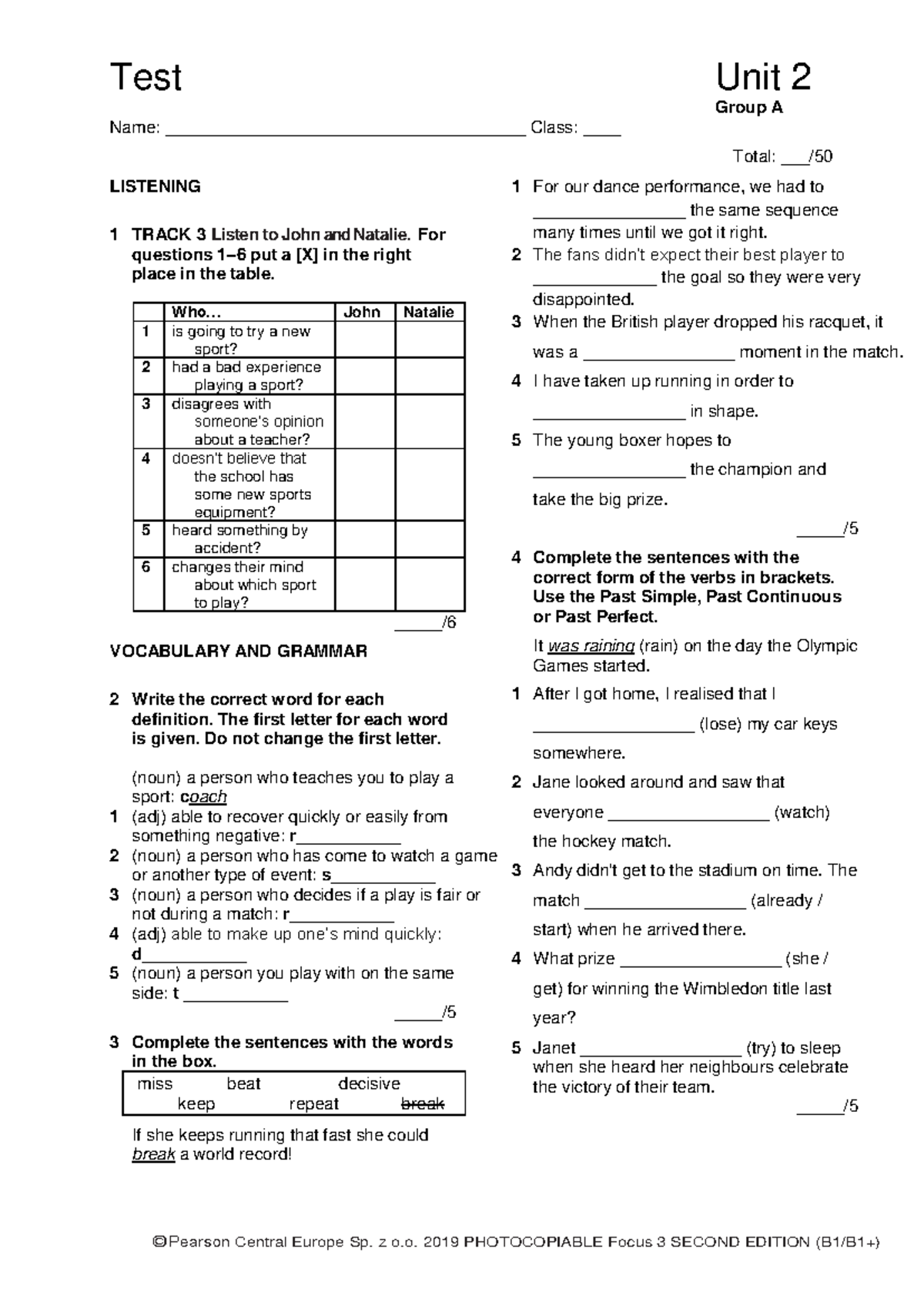 Focus 3 2E Unit 2 Test - Group A Listening & Writing Exercises - Studocu