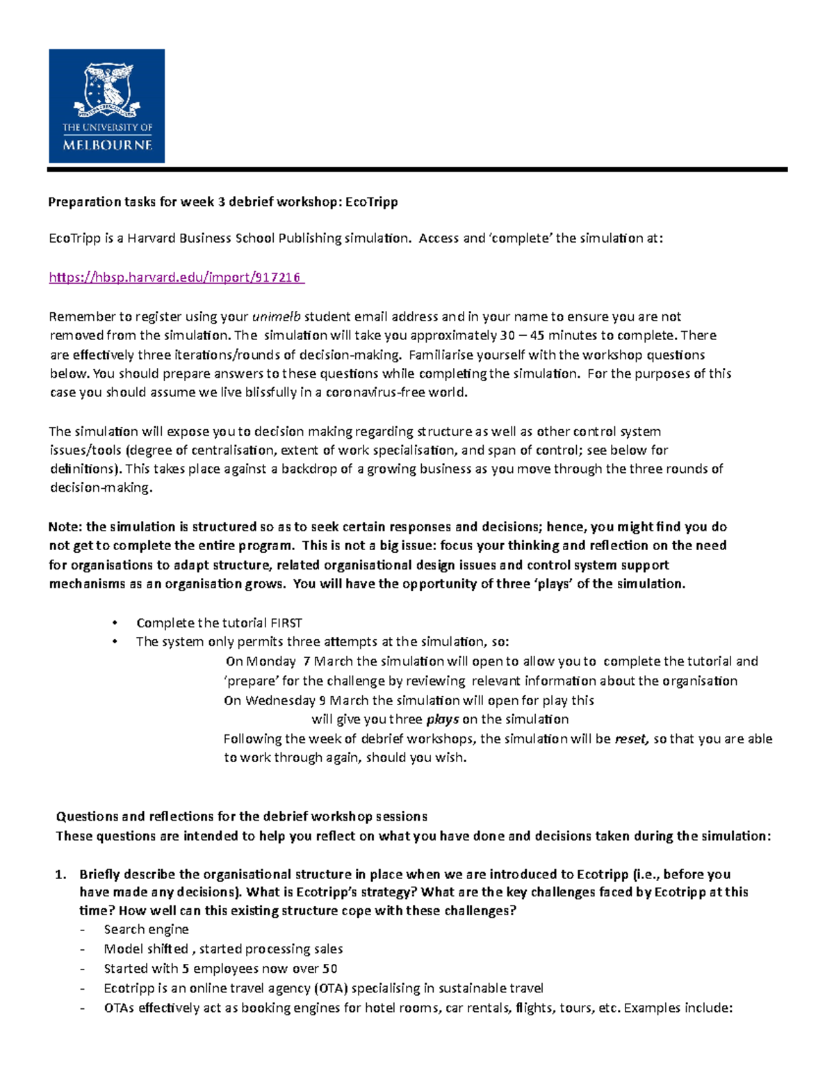 EcoTripp Prep Tasks for Week 3 Simulation Workshop - Document Preview