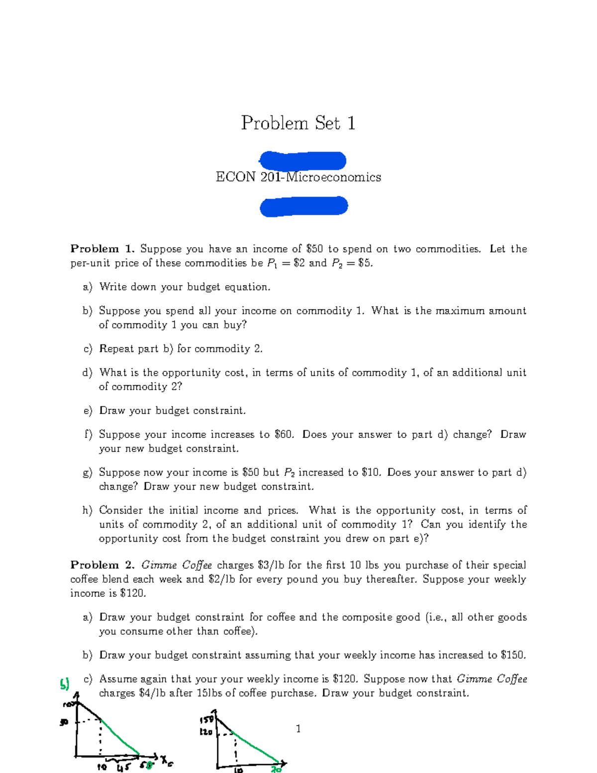 Problem set 1: Budget constraints and opportunity costs in ECON 2022 ...