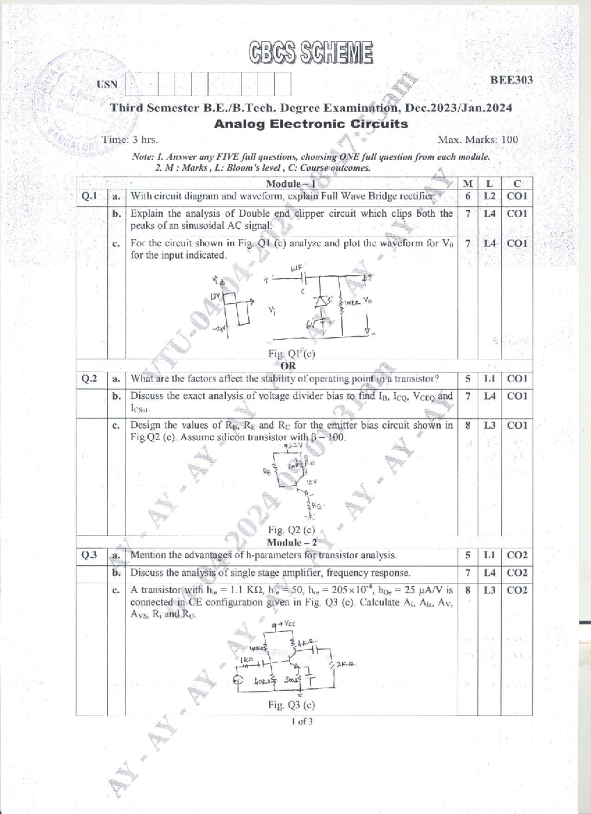 BEE303 Third Semester Exam: Analog Electronic Circuits QP & Notes - Studocu