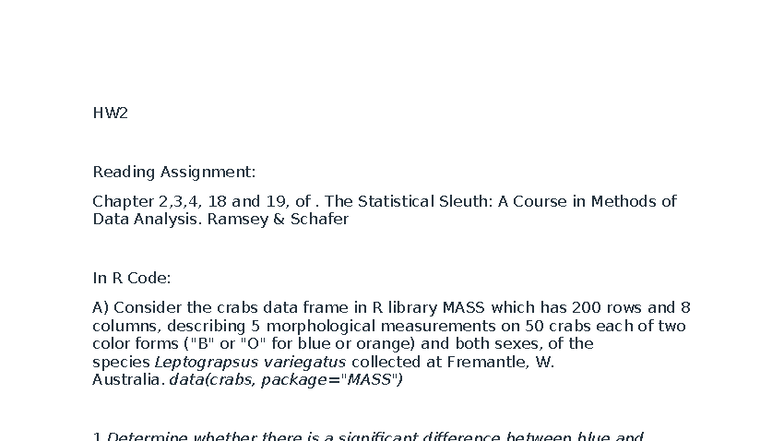 HW2 Reading Assignment: Statistical Analysis of Crabs & ToothGrowth in ...
