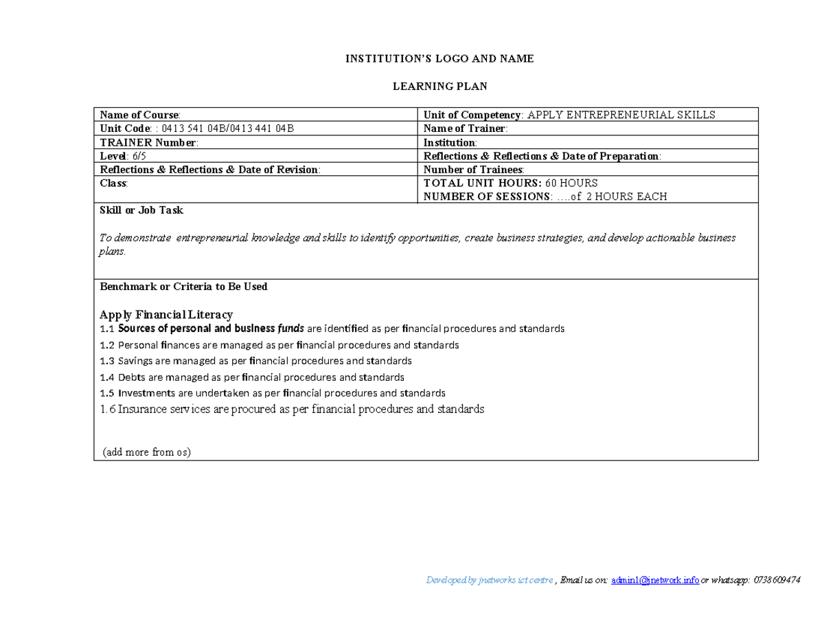 EP L5 L6 - Entrepreneurial Skills Learning Plan and Training Guide - Document Preview