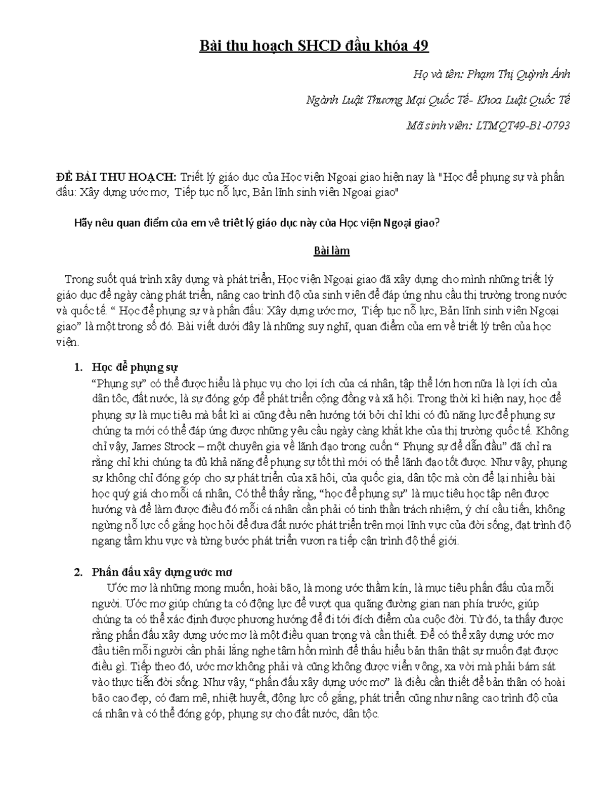 Bài Thu Hoạch SHCD - Bài thu hoạch SHCD đầu khóa 49 Họ và tên: Phạm Thị ...
