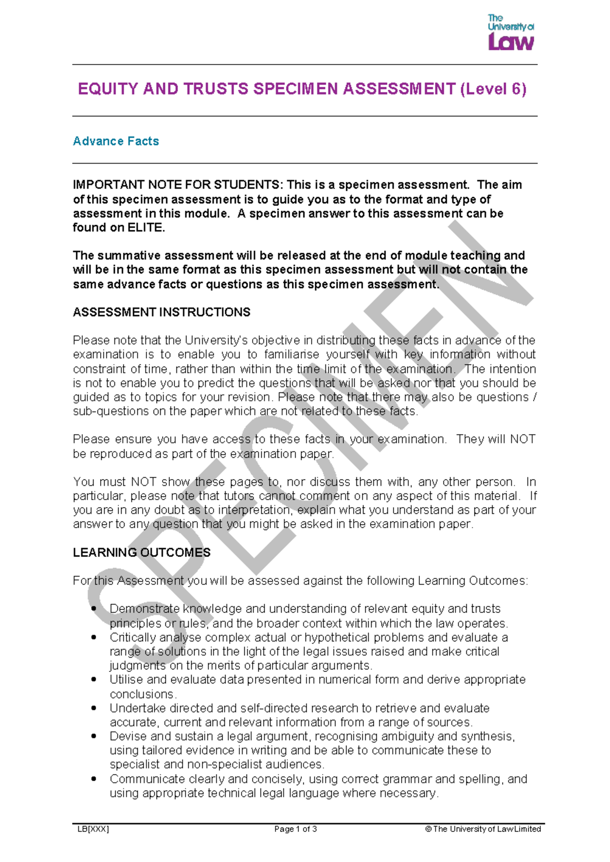 EQUITY AND TRUSTS LEVEL 6 SPECIMEN ASSESSMENT GUIDELINES - Studocu