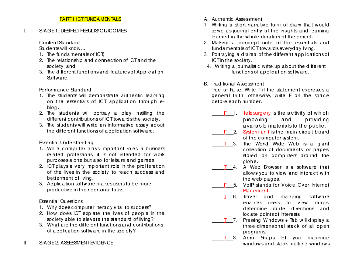 ICT Today Lesson Plan - for more info - PART 1 ICT FUNDAMENTALS I ...