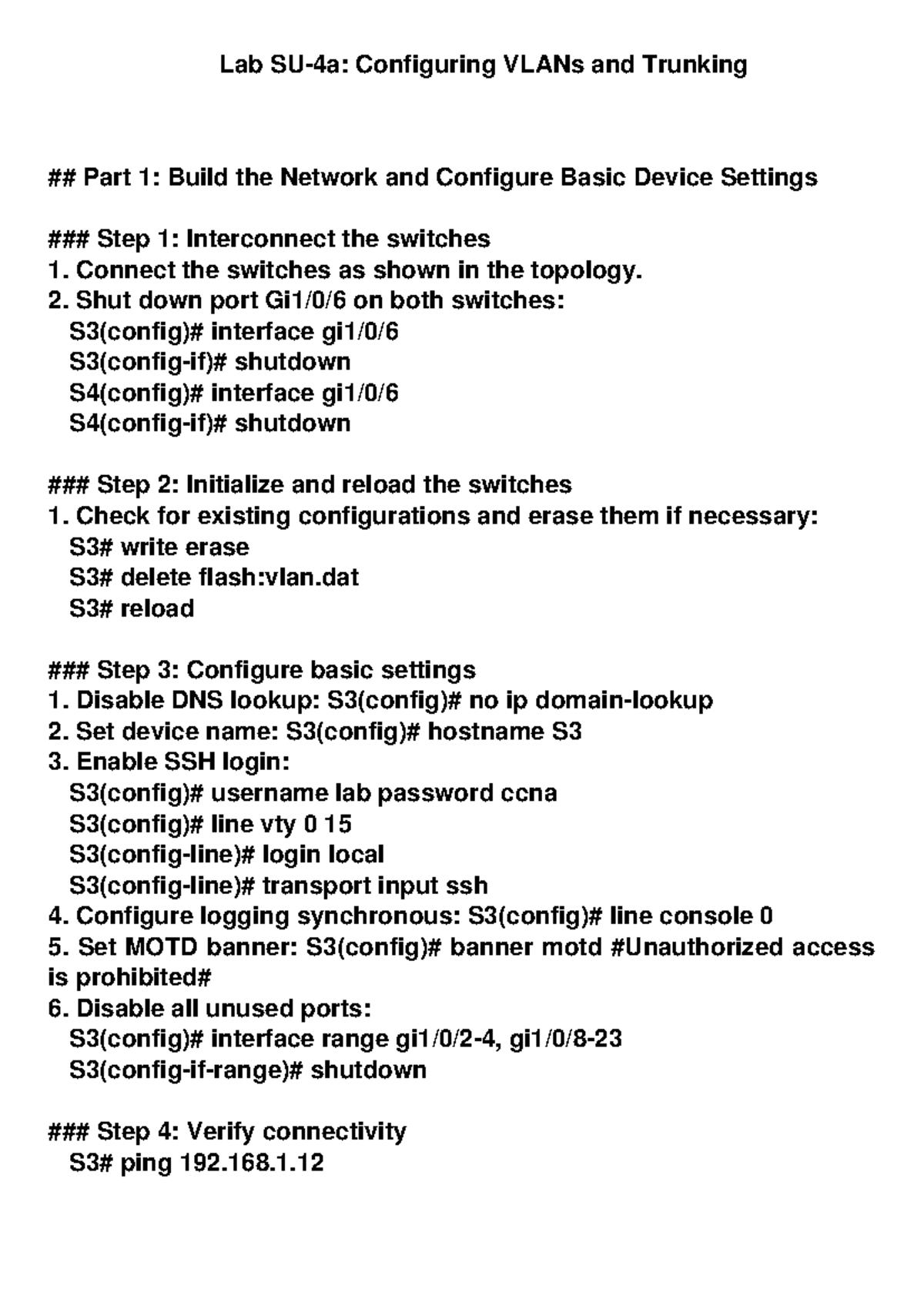 Lab SU-4a: VLAN and Trunk Configuration Guide - Studocu