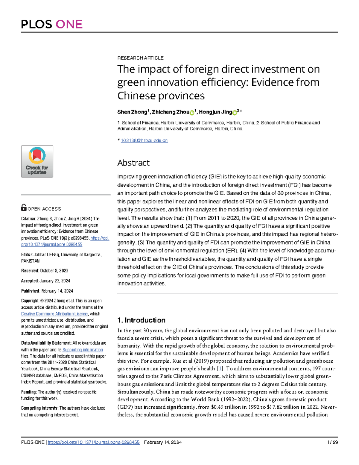 The Impact of FDI on Green Innovation Efficiency in China: Evidence ...