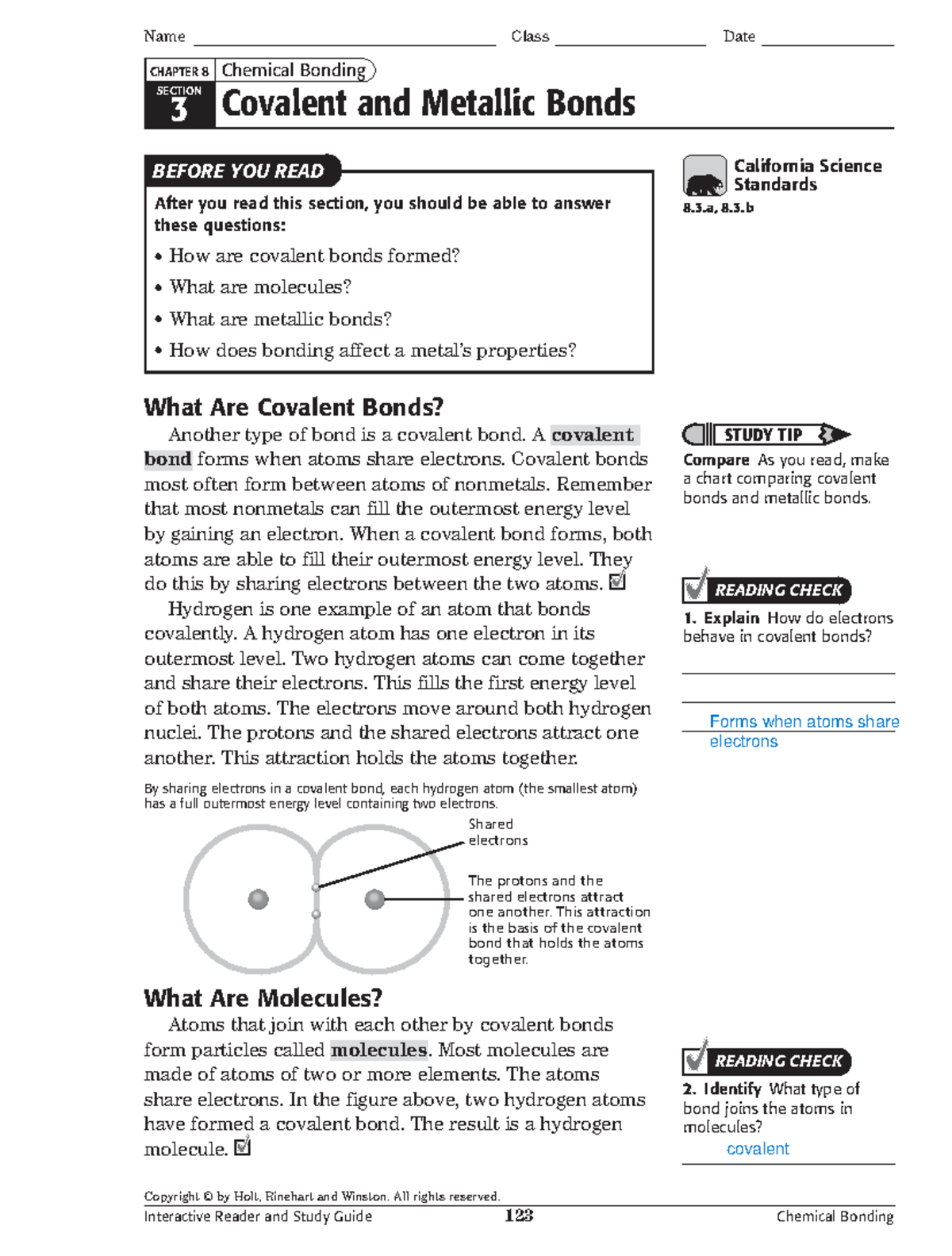 Chemical Bonding: Covalent and Metallic Bonds - Chapter 8 (CA Standards ...