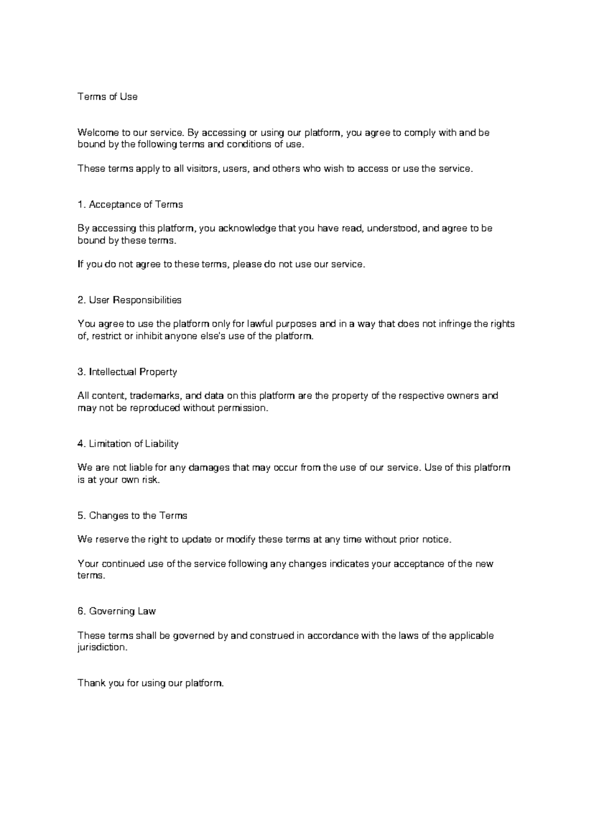Terms of Use: Sample Terms for Our Service - Studocu