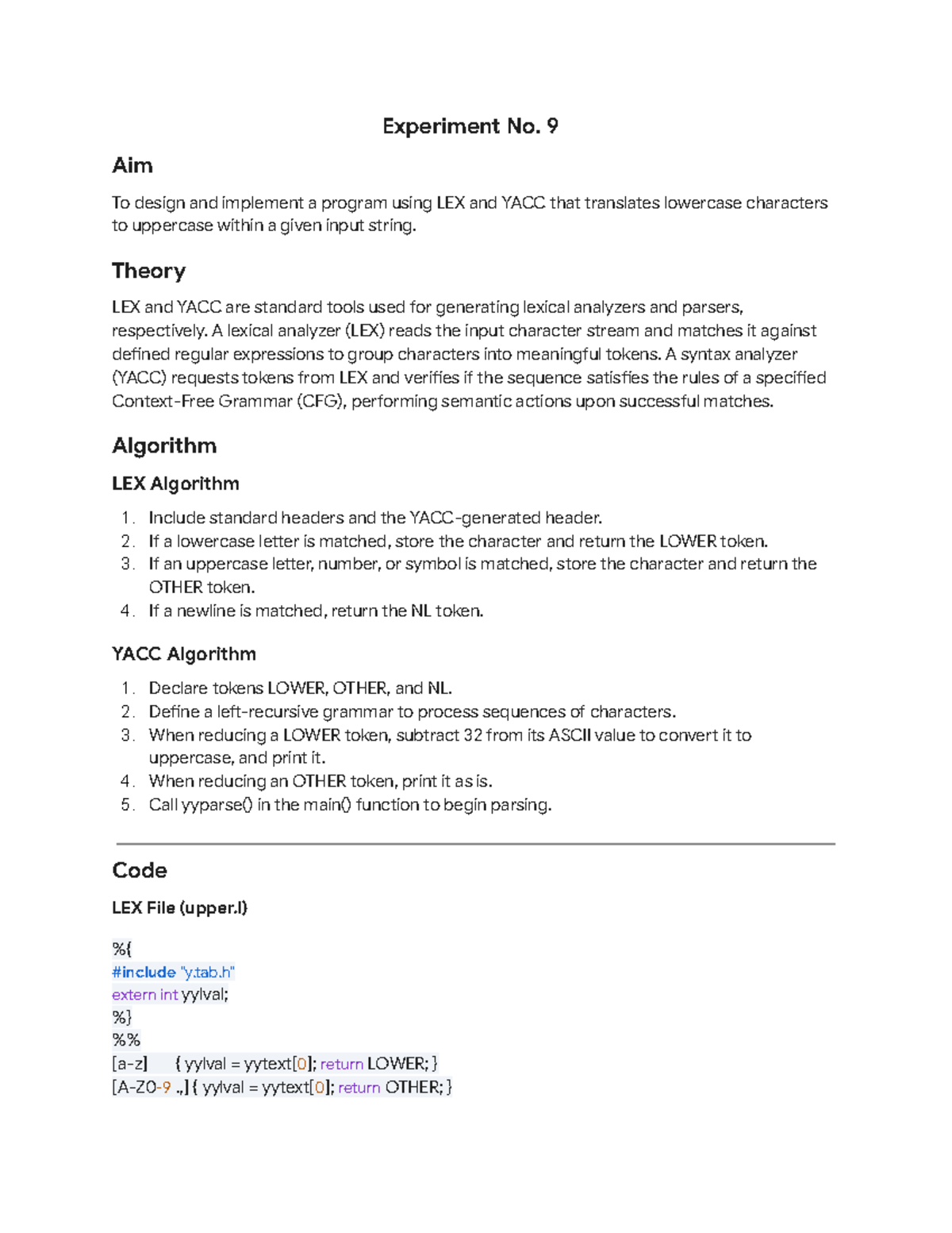 SPCC Experiment 09: LEX & YACC Program for Case Conversion - Studocu