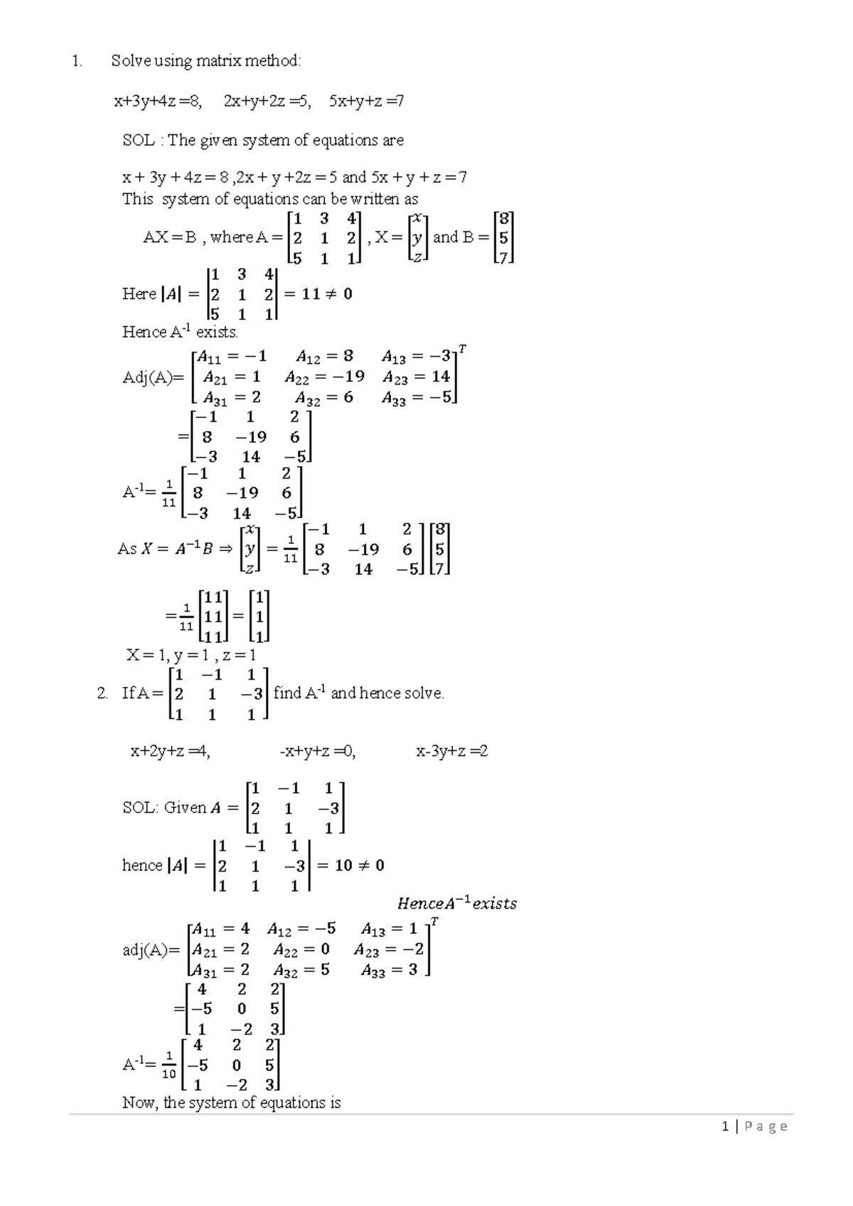 Matrix Method Solutions for System of Equations: MATH 101 Final Exam ...
