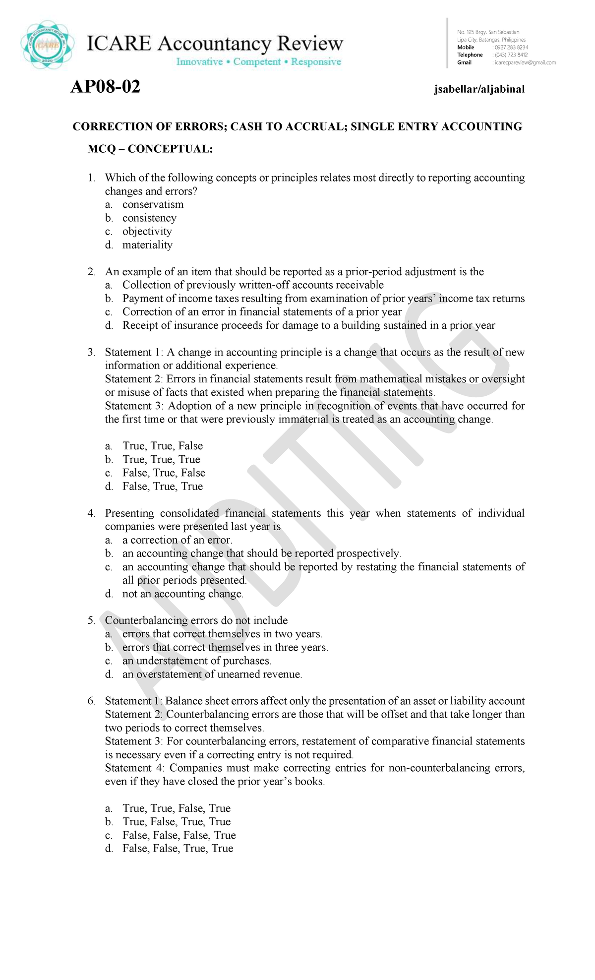 Correction of Cash to Single Entry Accounting MCQs for ACCT 101 - Studocu