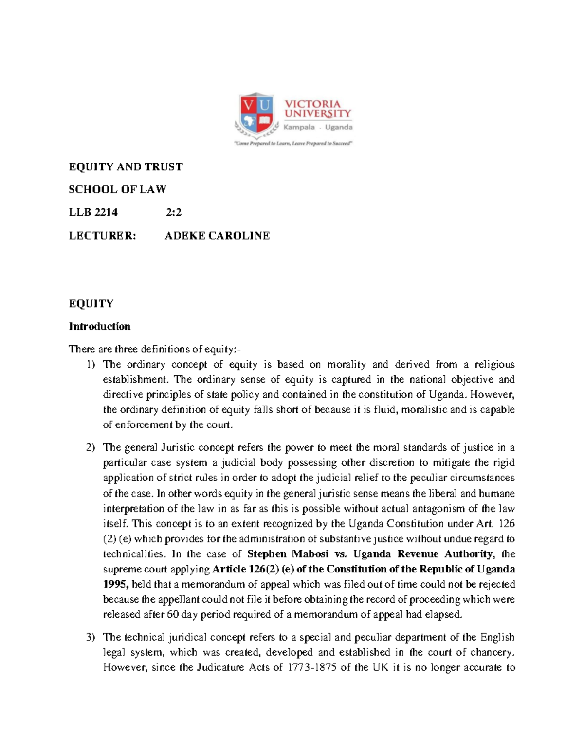 EQUITY AND TRUST NOTES LLB 2214 - SCHOOL OF LAW - Studocu
