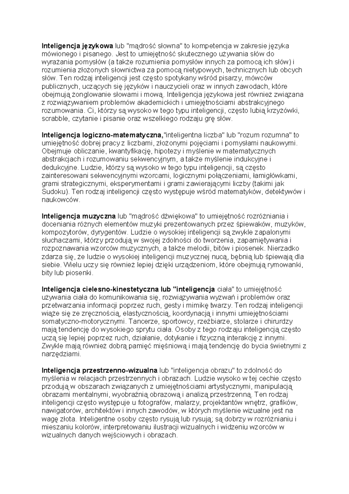 Inteligencja - Rodzaje Inteligencji i Ich Zastosowania - Studocu
