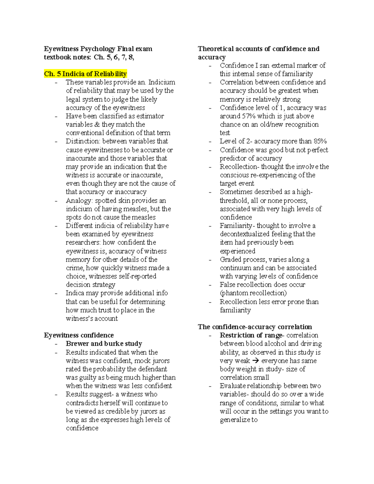 Eyewitness Psychology: Final Exam Notes for Ch. 5, 6, 7, 8 - Studocu